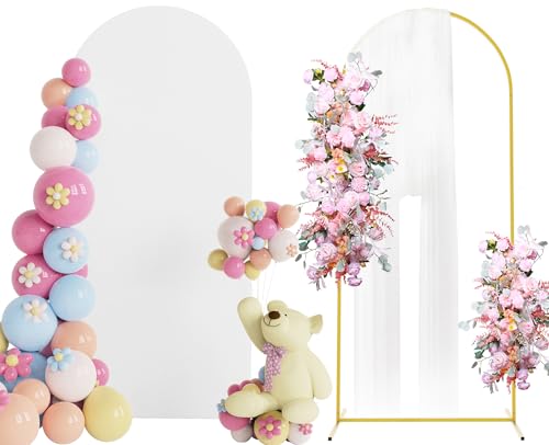 Putros Arch Backdrop Stand and Cover Set, 6ft, Gold Arch Stand with White Cover, Metal Arched Background Frame for Wedding, Birthday Party, Baby Shower, Photography Decoration - color: White, size: 6ft x 2.6ft