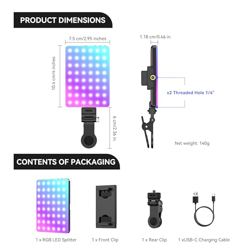 ENEGON RGB Selfie Light, 360° Full Color RGB Video Light with 24 Effects, 78 LED 2000mAh Rechargeable CRI 95+ and 2500K-9000K CCT, Portable Clip on Light for Phone/Tablet/Laptop/Streaming - color: RGB Selfie Light