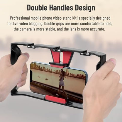 Professional Phone Shooting Rig Stabilizer, Aluminum Alloy Mobile Phone Handheld Rabbit Cage for Live Video & Portrait Recording, Universal Video Rig with Dual Handles, A