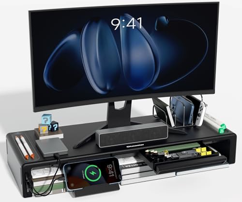 OImatser Monitor Stand Riser with USB 3.0 Hub & Type-C Port, Foldable Adjustable Computer Stand with Storage Drawer, Pen Slot & Phone Holder, Space Saving Laptop Stand for Home Office Desk Organization (Black-3.0 HUB-Adapter) - color: Black-3.0 HUB-Adapte