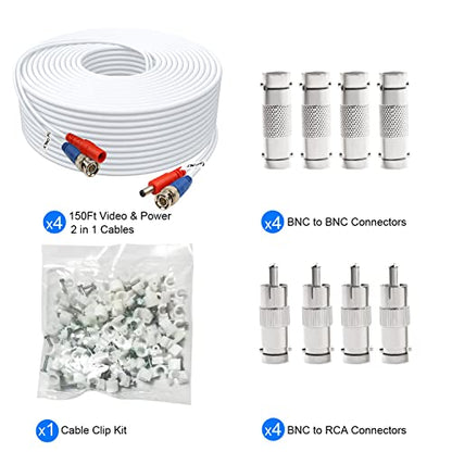 150ft 4 Pack BNC Video Power Cable for CCTV Systems - Includes 8 BNC Adapters & 100 Cable Clips - White - size: 150 FT