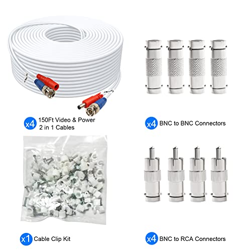 150ft 4 Pack BNC Video Power Cable for CCTV Systems - Includes 8 BNC Adapters & 100 Cable Clips - White - size: 150 FT