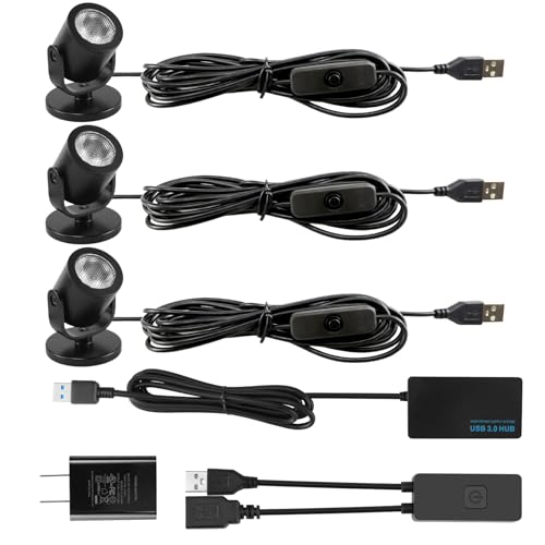 LED Spotlight Indoor 2W USB Powered 360 Degree Rotating Mini Display Accent Light for Pictures Paintings Plants Shelves Cabinet Showcase, 3 Pack Warm White 3000K - color: Warm White