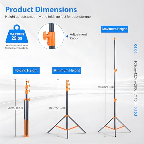 Light Stand Photography, 9.2ft/280cm Air-Cushioned Heavy Duty Studio Light Stand with 1/4" and 3/8" Screw, Aluminum Alloy Photo Video Tripod Stand for Ring Light, Softbox, LED Panel, Max Load 22lb - color: Orange