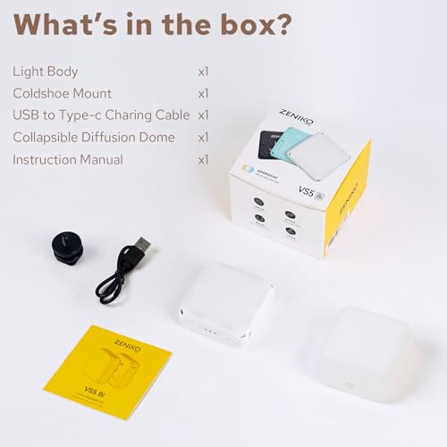 ZENIKO VS5 Bi LED On-Camera Video Light with Soft Diffuser, Bi-Color 2500K-8500K, CRI95+, Magnetic Attraction, Dimmable Vlog Light for Camera Gopro Photography (White)