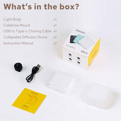 ZENIKO VS5 Bi LED On-Camera Video Light with Soft Diffuser, Bi-Color 2500K-8500K, CRI95+, Magnetic Attraction, Dimmable Vlog Light for Camera Gopro Photography (White)