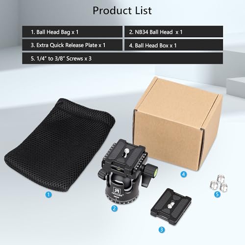 Low Profile Ball Head Heavy Duty Camera Tripod Ball Head 34mm Diameter with Two 1/4" Quick Release Plates for Camera Tripod, Monopod, DSLR,Max Load 33lbs /15kg