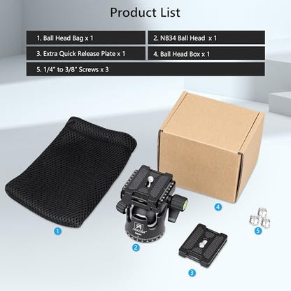 Low Profile Ball Head Heavy Duty Camera Tripod Ball Head 34mm Diameter with Two 1/4" Quick Release Plates for Camera Tripod, Monopod, DSLR,Max Load 33lbs /15kg
