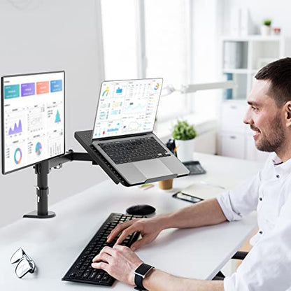 WALI Dual Arm Laptop and Monitor Desk Mount for 17" Notebook and Up to 27" Screen, Fully Adjustable Monitor Arm with Laptop Tray, VESA 75x75 100x100, Holds up to 22 lbs, Black (M001LP) - size: Dual, style: Adjustable Desk Mount