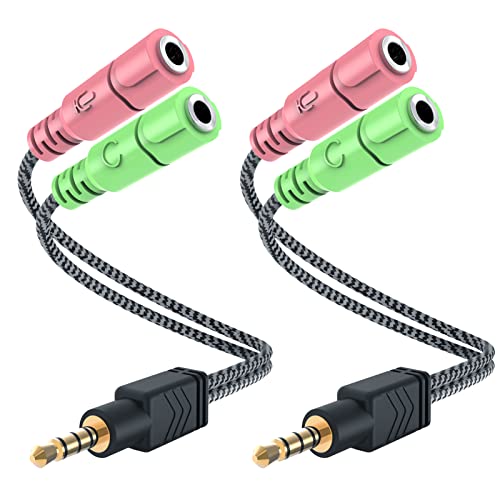 MillSO Headphone Mic Splitter [2 Pack] 3.5mm Headset Adapter 2 TRS Female to TRRS Male CTIA Stereo Audio Mic Jack Y Splitter for Dual-Plug Gaming Headset to Xbox, PS4, Phone, Laptop, PC - size: 2 Pack / 0.6 Feet