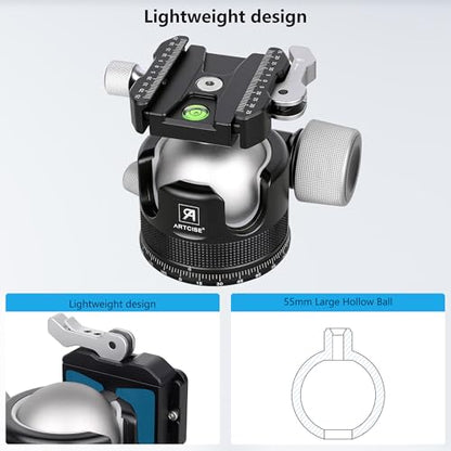 ARTCISE KB55F 55mm Low Profile Ball Head, Lever Release Panoramic Tripod Head, CNC Aluminum, Three Arca Swiss Quick Release Plate, Heavy Duty Camera Mount Max Load 40kg/88lbs