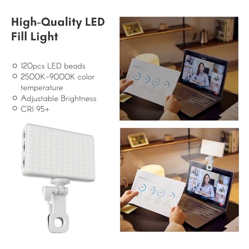 Andoer 120 LED Video Light, LED Selfie Light with Clips for Phone/Laptop, Video Conference Light 2500K-9000K Dimmable CRI95+ Portable Light for Video, Streaming and Video Conferencing - color: White/Dark Grey Heather