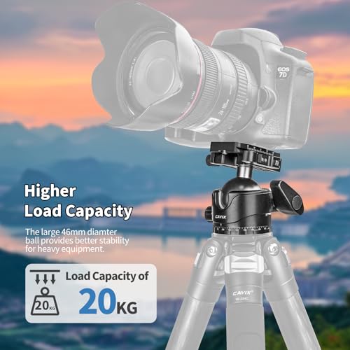 CAVIX Lever Tripod Ball Head, Low Gravity Metal Ball Head Camera Tripod Head 44lbs/20kg Load, Panoramic Ball Head, with 1/4" Arca Swiss Quick Release Plate for Tripod, Monopod, DSLR, Camera(H-46F). - size: Ball Dia. 46mm