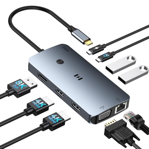 USB C Docking Station Dual Monitor Adapter, Selore Laptop Docking Station 3 Monitors Quad Display with 2 HDMI, DP, VGA, Ethernet, 3 USB A&C 3.0, 100W PD, USB C Hub Dongle for DELL, HP and More - color: Dark Gray