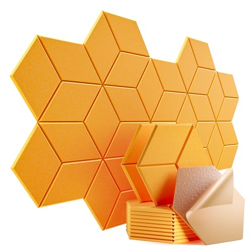 12 Pack Self-Adhesive Acoustic Panels 12" X 10" X 0.4" - Sound Proof Foam Panels with High Density, Y-Lined Design, Flame Resistant, Absorb Noise and Eliminate Echoes(Orange Yellow) - color: Orange Yellow, size: Y-Cut Hexagon 12 Pack