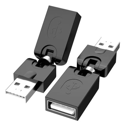 BERLAT Swivel USB 2.0 Adapter, 2 Pack Rotatable USB 2.0 Type A Male to Type A Female 360 Degree Rotation Adjustable Right Angle Extension Adapter Convertor (Black, AM-FM)