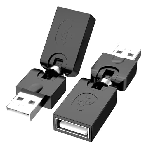 BERLAT Swivel USB 2.0 Adapter, 2 Pack Rotatable USB 2.0 Type A Male to Type A Female 360 Degree Rotation Adjustable Right Angle Extension Adapter Convertor (Black, AM-FM)