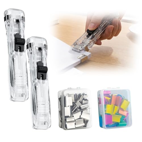 Portable Binder Clip Stapler, 2026 New Reusable Portable Paper Clam Clip Dispenser, 100 Metal Refill Clips (50 Silver + 50 Color) for Home, School, Desk Office (Transparent-2PCS) - color: Transparent-2pcs