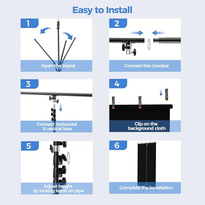 EMART Black Photo Backdrop with Stand Kit 10x5ft, Photography Black Background Screen with Portable T-Shape Support and 5 Clamps for Video Recording, Meetings, Self Tape - size: 5x10ft