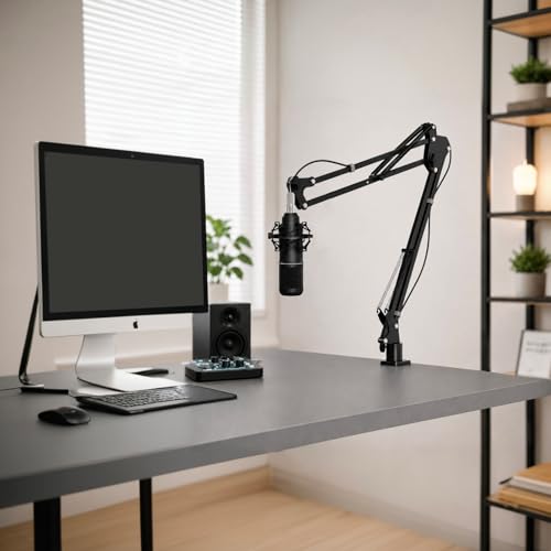 Mic Boom Arm, 1/4 3/8 5/8" Low Profile Microphone Stand, Cable Management | 360° Rotatable, Desk Mount Clamp, Heavy Duty Metal Black, Spring Damping, Streaming, Gaming, Recording, Podcasting, Studio