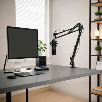 Mic Boom Arm, 1/4 3/8 5/8" Low Profile Microphone Stand, Cable Management | 360° Rotatable, Desk Mount Clamp, Heavy Duty Metal Black, Spring Damping, Streaming, Gaming, Recording, Podcasting, Studio