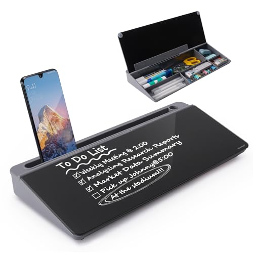 TSJ OFFICE Desktop Whiteboard Dry-Erase-Board - Computer Keyboard Stand White Board Surface Pad with Drawer, Desk Organizers with Accessories for Office, Home, School Supplies - Black＆Grey - color: Grey Base/ Black Glass