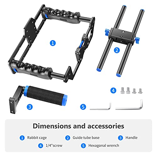 NEEWER Camera Video Cage Film Movie Making Kit, Aluminum Alloy with Top Handle, Dual Hand Grip, Two 15mm Rods, Compatible with Canon Sony Fujifilm Nikon DSLR Camera and Camcorder (Black + Blue) - style: CG-MF Blue