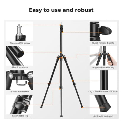 K&F CONCEPT Extendable Photography Stand, Adjustable 6.56ft/78.7"/2M Aluminum Tripod with 1/4" Screw, Reversible Portable Studio Lighting Tripod for Strobe Light/Webcams/Cameras with Bag(1-Pack