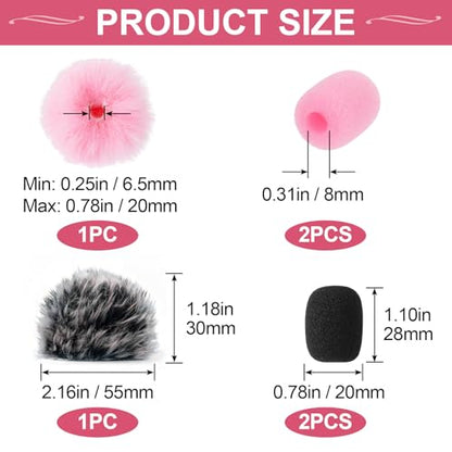 PAGOW 6 Pcs Mini Foam Microphone Windscreens ＆ Furry Cover, High Density Mic Headset Cover, Lapel Microphone Windscreen for Lavalier Microphones Noise Reduction (4pcs Foam + 2pcs Furry) - Black, Pink - color: Black,Pink,Foam(4pcs),Furry(2pcs)