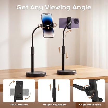 Overhead Phone Mount, Overhead Desktop Phone Holder with Rotating Arm Holder and Base, Adjustable Angles for Photo Video Capture, Online Meeting