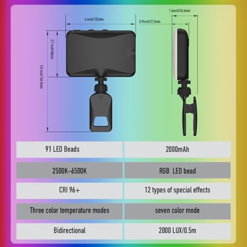 91 LED Portable Charger Selfie Light Video Conference Lighting | with Clip & Camera Tripod Adapter, Rechargeable 2000mAh, CRI 96+, 4 Light Modes, for Phone iPhone Webcam Laptop Makeup - color: Black