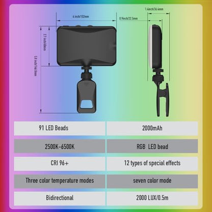 91 LED Portable Charger Selfie Light Video Conference Lighting | with Clip & Camera Tripod Adapter, Rechargeable 2000mAh, CRI 96+, 4 Light Modes, for Phone iPhone Webcam Laptop Makeup - color: Black
