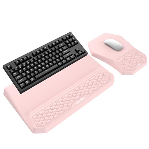 3-in-1 Ergonomic Keyboard Stand with Wrist Rest & Mouse Pad Set, Comfy Keyboard Riser Holder Soft Mousepad with Massage Design, Memory Foam and Non-Slip PU Base for Pain Relief, Pink - color: Light Pink