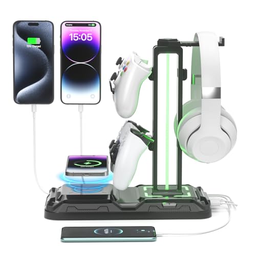 KDD Headphone & Controller Stand with Wireless Charging - Rotatable Headset Stand with 9 Light Modes - Controller Holder with 2 USB and Type C Ports - for Gamers Desktop Accessories - color: Black