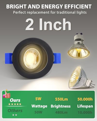 zouzai 2 Inch Gimbal LED Recessed Lights, Black, 6 Pack, with Junction Box, 360°+ 90° Adjustable, 5CCT 2700K-5000K, Dimmable, Canless Eyeball Downlight, CRI90+, 550LM 5W 120V, ETL - color: Black-2 inch, size: 6 Pack