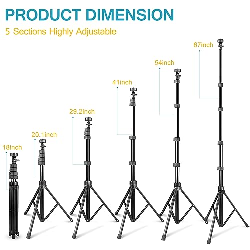 Aureday 67" Phone Tripod, Extendable Cell Phone and Camera Tripod Stand with Wireless Remote & Phone Holder, Aluminum Selfie Stick Tripod - color: Black, size: 67in