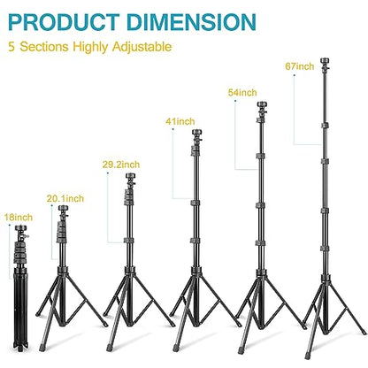 Aureday 67" Phone Tripod, Extendable Cell Phone and Camera Tripod Stand with Wireless Remote & Phone Holder, Aluminum Selfie Stick Tripod - color: Black, size: 67in