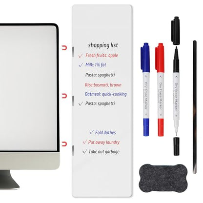 Magnetic Monitor Memo Board Set - Dry Erase Note Board for Computer Screens, Space Saving Includes 3 Markers & Eraser, Reusable to-Do List Organizer for Home Office & Kitchen (Whiteboard)