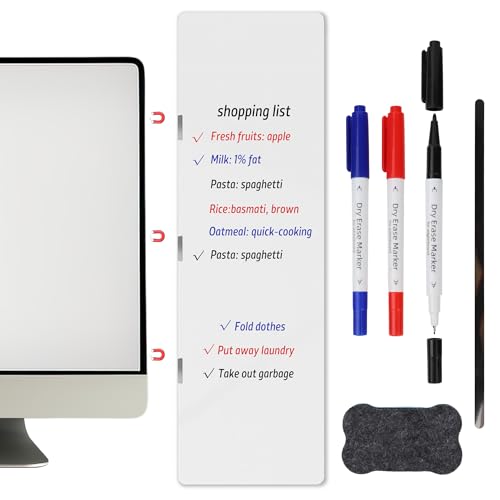 Magnetic Monitor Memo Board Set - Dry Erase Note Board for Computer Screens, Space Saving Includes 3 Markers & Eraser, Reusable to-Do List Organizer for Home Office & Kitchen (Whiteboard)