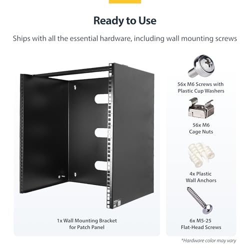 StarTech 14U 19in Wall-Mount Network Rack, 14in, 77lb (RACK-14U-14-BRACKET) | Low-profile shallow rack, M6 screws and cage nuts, Fits gear up to 12in deep, Rear cable slot, Steel - size: 14U