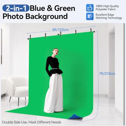 Blue Green Screen Backdrop Stand Kit, 5x6.5ft Portable T-Shaped Stand with Reverse Folding Base, 2-in-1 Reversible Background with 5 Clamps for Streaming, Zoom, Photography, Video Recording