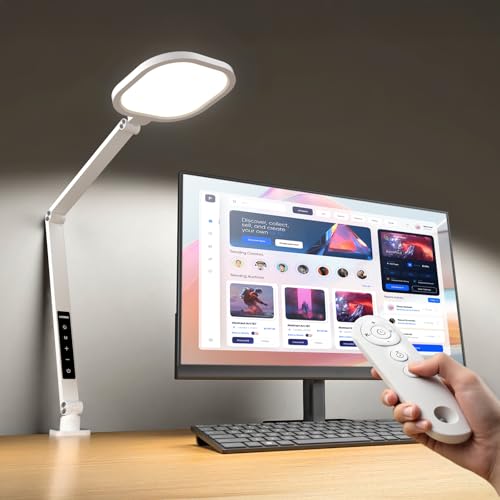 LitONES Led Desk Lamp with Clamp, 2000LM Dimmable Home Office Desktop Light, 3000k-6500k Adjustable Swing Arm Ring Light for Video Conference, Study, Reading, Zoom Calls, Streaming (White) - color: White