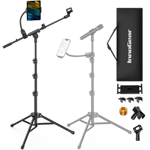 InnoGear Microphone Stand Floor, Adjustable Tripod Boom Mic Stand with Tablet Phone Holder Carrying Bag 2 Mic Clips 3/8" to 5/8" Adapter for Blue Yeti SM58 SM48 Fifine K669B, Podcast Singing Stage