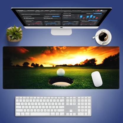 Golf Ball Near Hole Large Mouse Pad, Golf Field Sunset Scenery Desk Mat | 31.5" x 11.8", XXL Gaming/Office Durable Stitched Keyboard Mat, Smooth Surface Anti-Slip Base - color: Golf Ball Near Hole