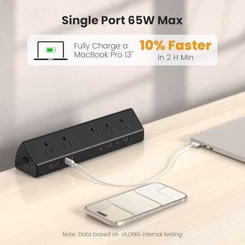 VILONG Desk Clamp Power Strip,65W Total Fast Charging Station,Desk Edge Mount Power Strip,8 USB Ports (4 USB C) & 5 AC Outlets,1200J Surge Protector (Black, 6, Feet, Power Strip) - color: Black
