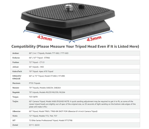 43mm Tripod Quick Release Plate 1-11/16” QR Plate Replacement for Mactrem PT55, for Torjim 60", AX60, for Endurax 66" ETR66, for UBeesize 60” TR60, etc.(2PCS)