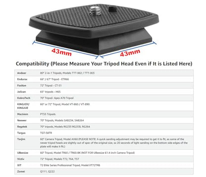 43mm Tripod Quick Release Plate 1-11/16” QR Plate Replacement for Mactrem PT55, for Torjim 60", AX60, for Endurax 66" ETR66, for UBeesize 60” TR60, etc.(2PCS)