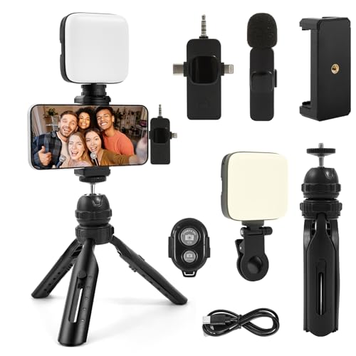 Vlogging Kit for iPhone, Android with Tripod, Wireless Lavalier Microphone, Selfie Light, YouTube Starter kit Content Creator Equipment with for Video Conference, Vlogging, YouTube, TikTok