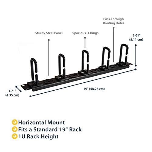 StarTech 1U 19in Horizontal Cable Manager, D-Ring, Steel (CABLMANAGERH) | Passthrough holes, 5 routing loops, Fits 2 or 4-post racks, M5 cage nuts and screws, EIA-310-E, 3.75in depth - style: 1U Horizontal w/Passthrough