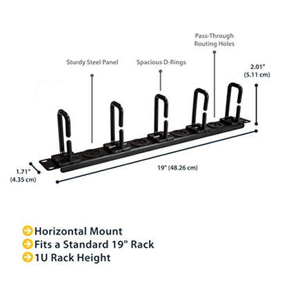 StarTech 1U 19in Horizontal Cable Manager, D-Ring, Steel (CABLMANAGERH) | Passthrough holes, 5 routing loops, Fits 2 or 4-post racks, M5 cage nuts and screws, EIA-310-E, 3.75in depth - style: 1U Horizontal w/Passthrough